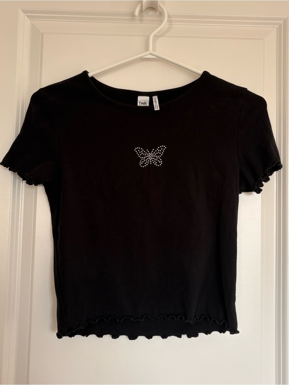 twik Black Crop Tee with Rhinestone Butterfly